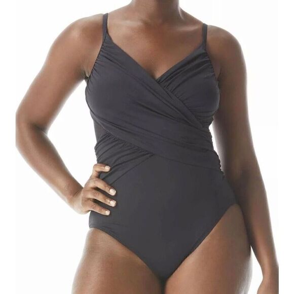 821 Coco Reef Contours Bra-Sized surplice crossover 1-Pc Swimsuit BLK 14/38 C/D - Picture 1 of 2